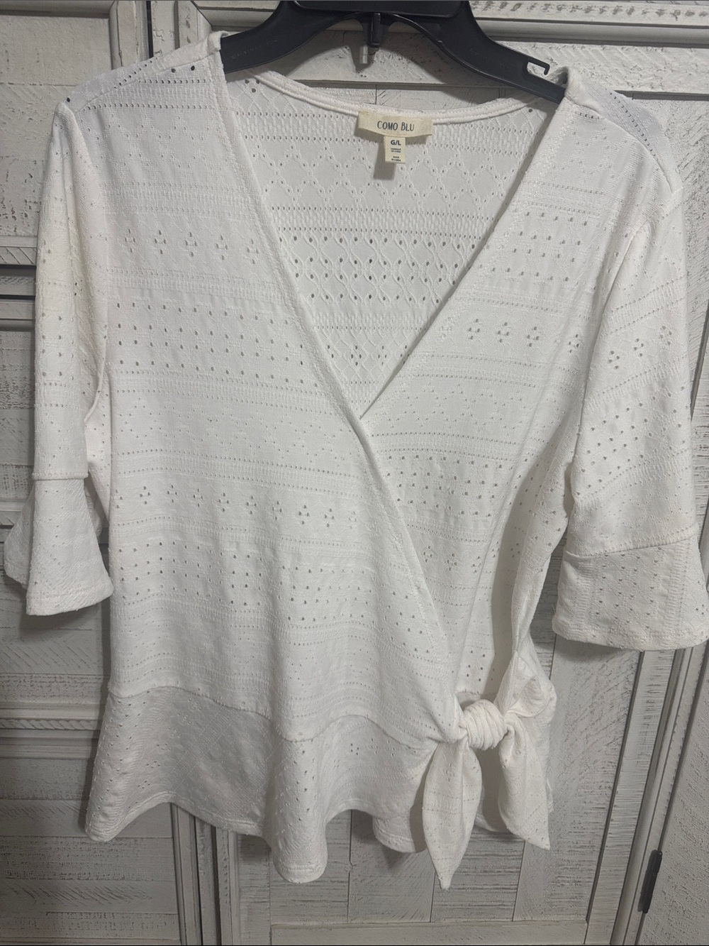 Como Blu White Eyelet Wrap Blouse with Side Tie